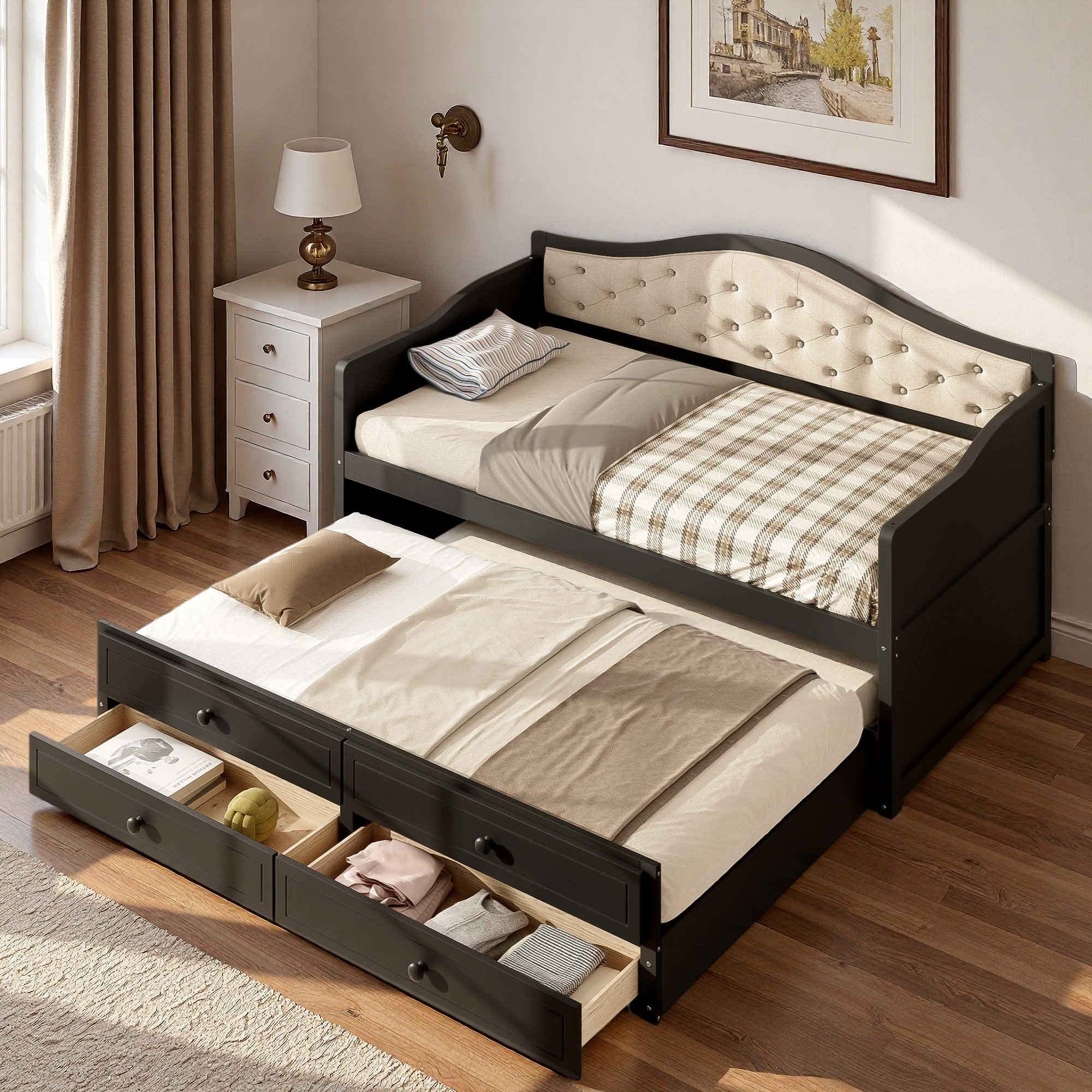 Wildon Home® Wooden Daybed With Trundle, 2 Storage Drawers And