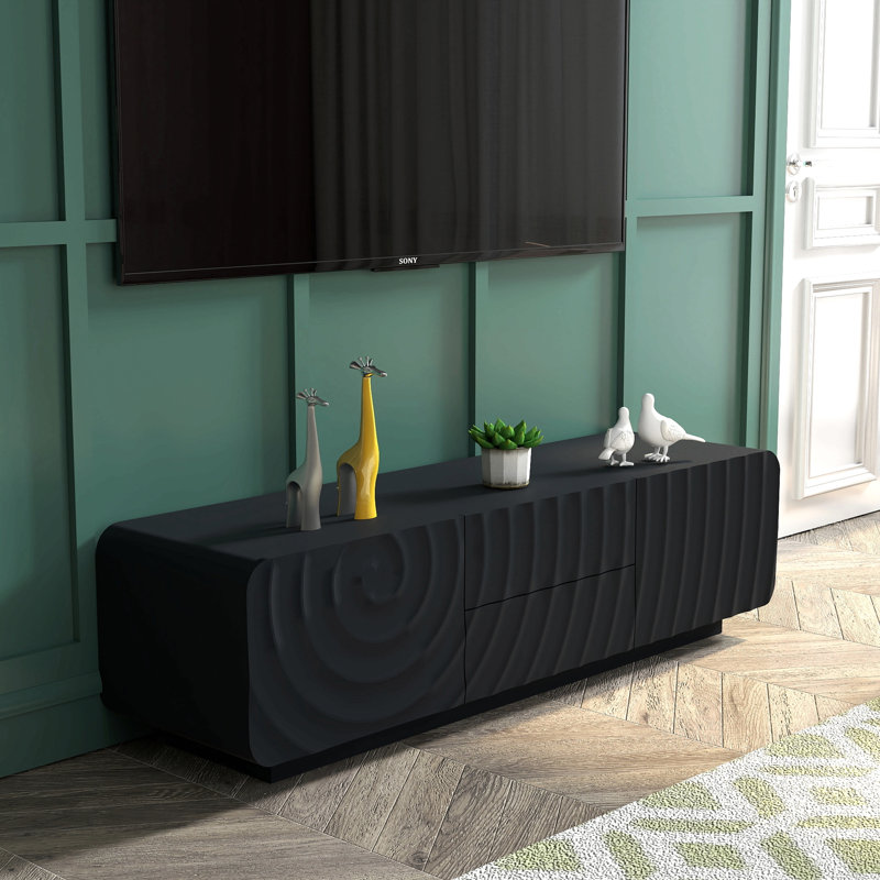 Console 58 po avec design en spirale unique et moderne avec meuble de rangement et meuble télé 2 tiroirs pour le salon, la chambre à coucher