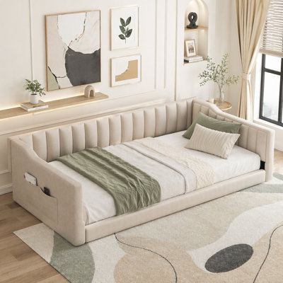 Twin XL Size Velvet Upholstered Daybed, Beige