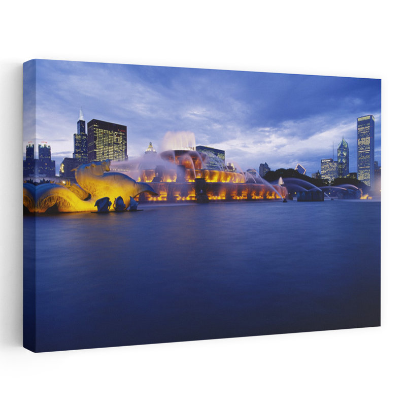 Fountain Lit Up At Dusk Buckingham Fountain Grant Park Chicago Illinois USA by Jerry Driendl Photography - Wrapped Canvas Print