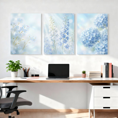 Ensemble de 3 tableaux sur toile tendue représentant des fleurs bleues et des rayons de lumière, pour la décoration du salon et de la chambre.
