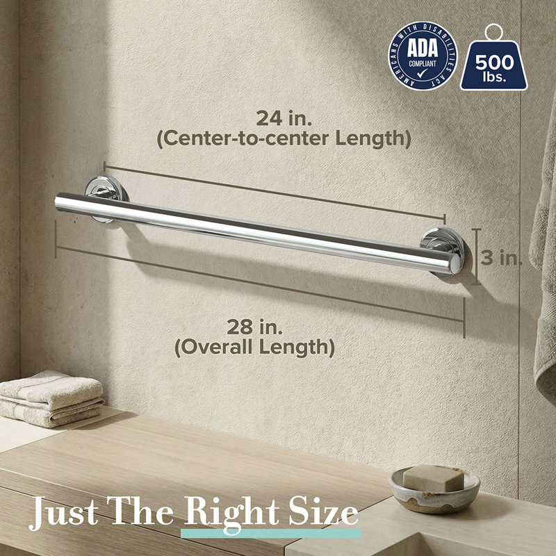Latitude II Stainless Steel Wall Mount Grab Bar | ADA Compliant Safety Bar For Bathroom, Chrome, 24"