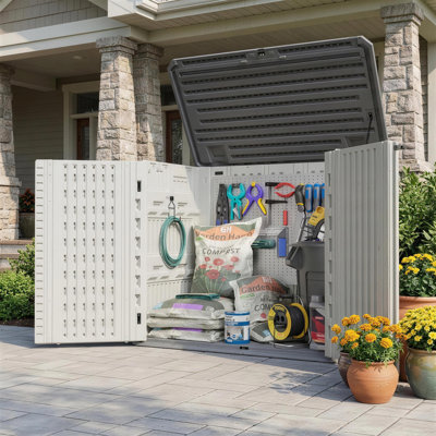 34 Cu.Ft. Large Outdoor Resin Horizontal Storage Shed Fast Assembly, 4.2 ft. W x 2.4 ft. D Waterproof Plastic Shed Cabinet with Lockable Door, Durable HDPE Trash Can Tool Shed For Garden, Patio, Yard