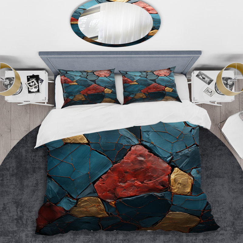 Ensemble de housse de couette en marbre bleu et rouge Elegance I - Abstract Marble, Housse de couette pour très grand lit