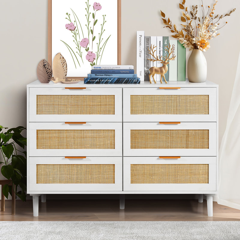 6 Drawer Rattan Dresser, Boho Dresser, Rattan Chest of Drawers with Spacious Storage, Rattan Dresser, White