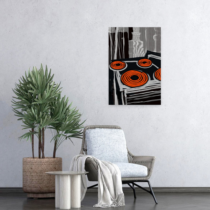 «Orange Stovetop Spirals», art mural abstrait contemporain audacieux, H 24 po x l 16 po
