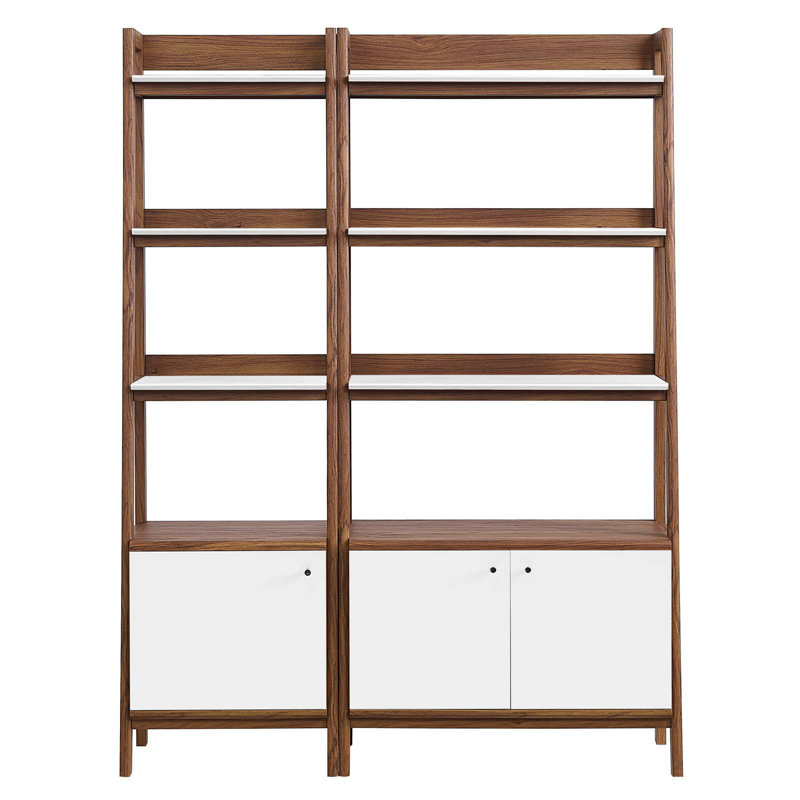 Walnut White Tiered Wood Bookshelves with Concealed Storage