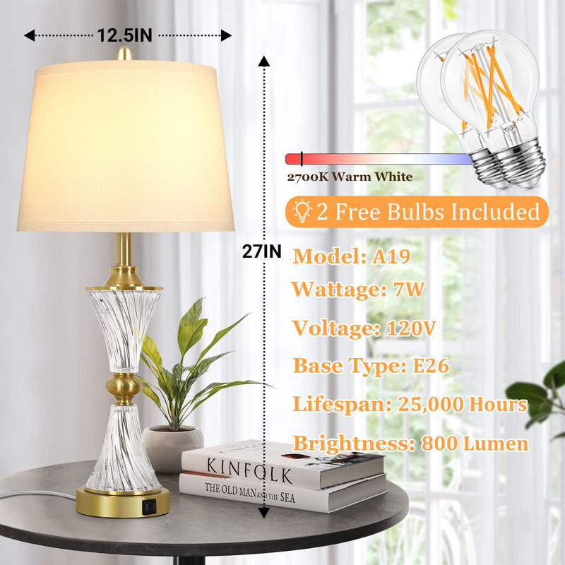 Touch Control Dimmable Table Lamps For Bedrooms, 3-Way Gold Crystal Bedside Lamp With USB Ports, Set Of 2 Table Lamps