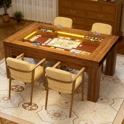 Board Game Table With Removable Top & Led Lighting, Big Dining & Gaming Table For 4-6 Players, Card Table Includes 4 Hobby Trays, Play Mat