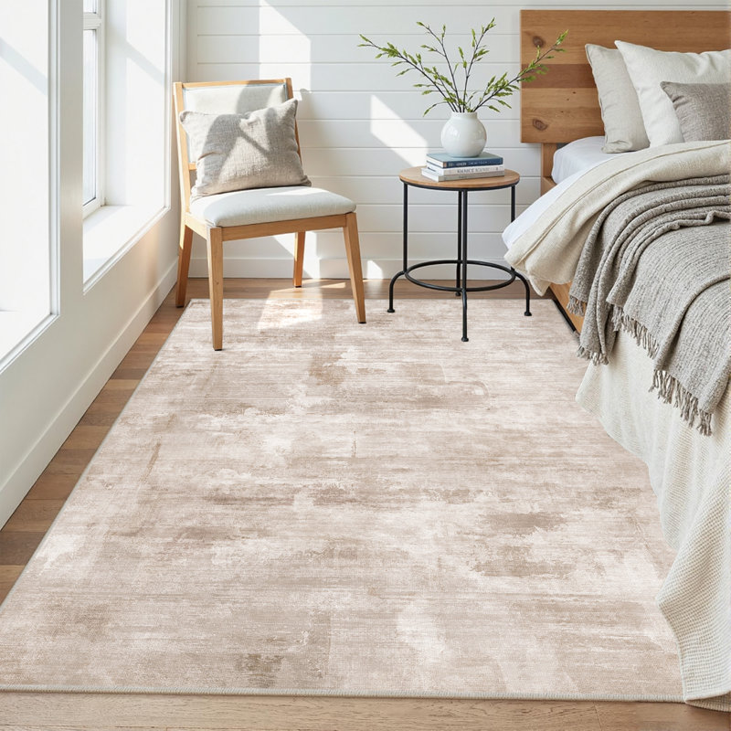 Tapis abstrait lavable à la machine avec envers antidérapant Amott, Beige, 0.28", Rectangle 6 pi x 9 pi