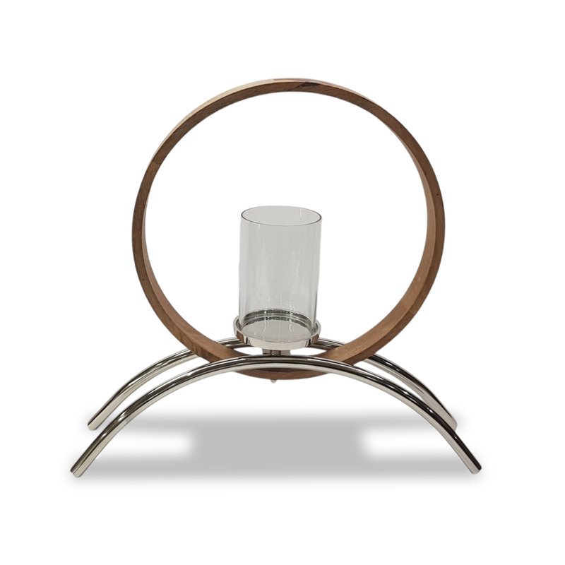 Try Circular Wooden and Metal Candle Holder Ornament and Home Accessory in Silver Natural, 49cm H x 52cm W x 13.5cm D