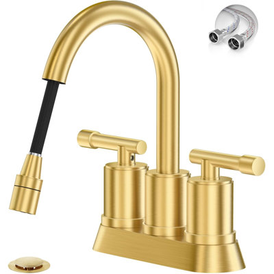 Or brossé 4 pouces 2 poignées 3 trous avec robinet de douchette extractible pour salle de bain, buanderie, lavabo utilitaire, robinet à entraxe moderne avec bonde escamotable et conduites d'alimentation