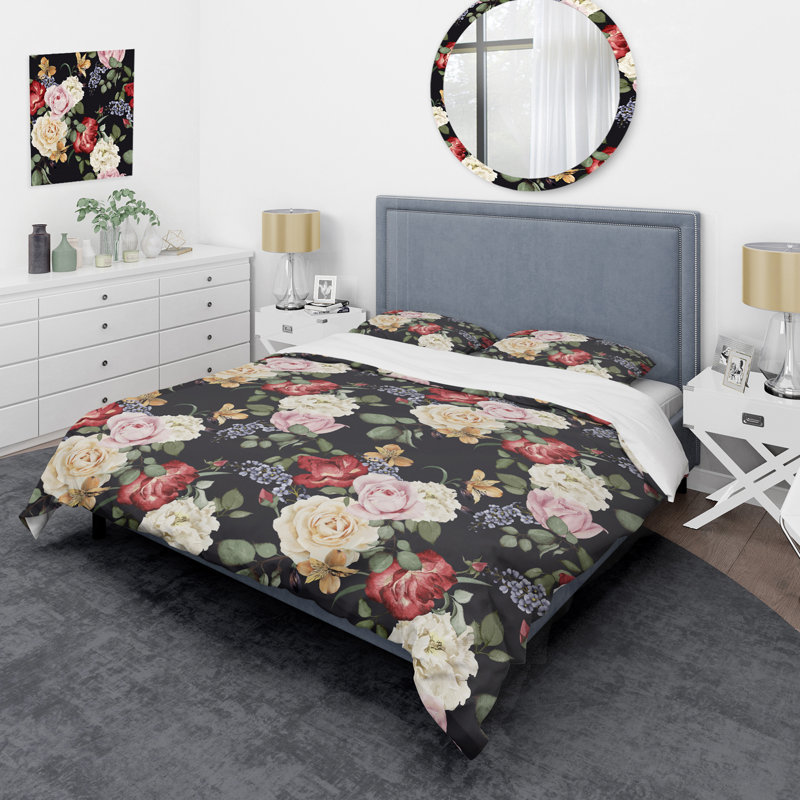 Roses colorées et feuille verte - Ensemble de housse de couette Cabin & Lodge