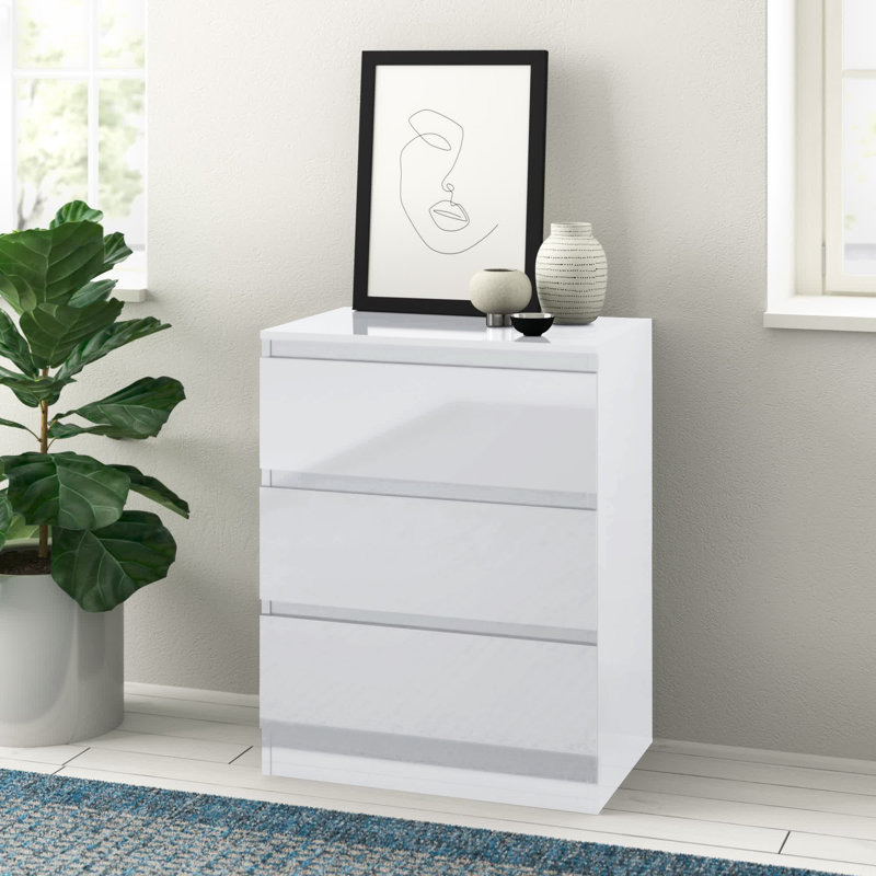 Carlton 3 Drawer Chest Of Drawers: 60cm Wide. High Gloss Front. Scratch Resistant. Modern No Handle Design., White