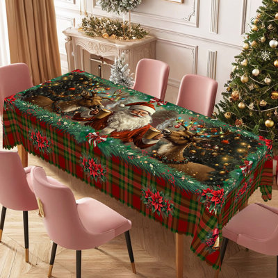 1 pièce de Noël rétro avec motif de père Noël et renne - table ronde, housse de table rectangulaire, housse de table en polyester écossais rouge et vert festif pour les fêtes intérieures / extérieures, décor de cuisine et cadeaux, nappe de Noël