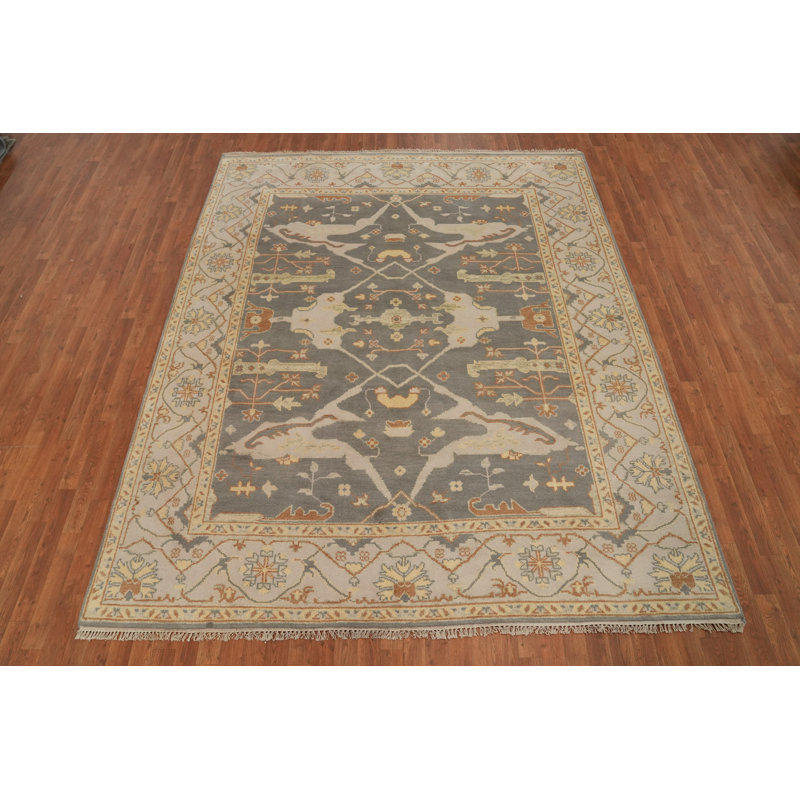 Tapis gris en laine gris à motif floral transitionnel Oushak 8 x 10