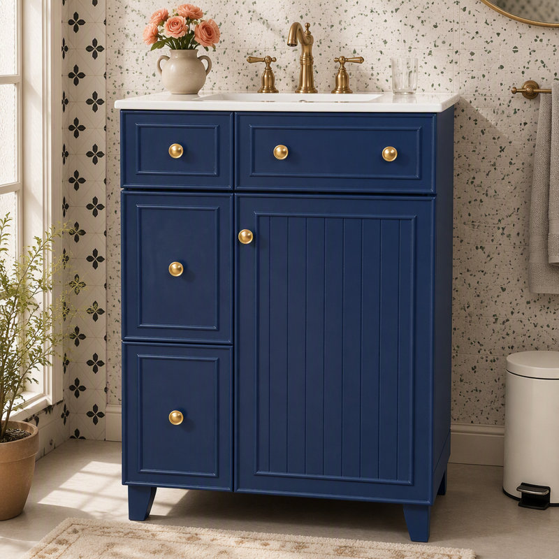 Armoire de meuble-lavabo 24 po avec lavabo en céramique, 2 tiroirs, 1 porte, Bleu