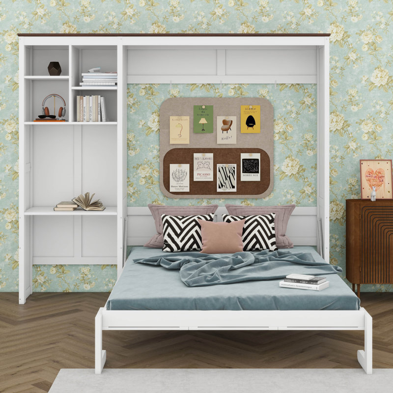 Queen Murphy Bed with Multi-Layer Storage Cabinet & Bookcase,Wood Foldable Space Saving Wall Bed, Multi Vertical Murphy Bed for Guest Room