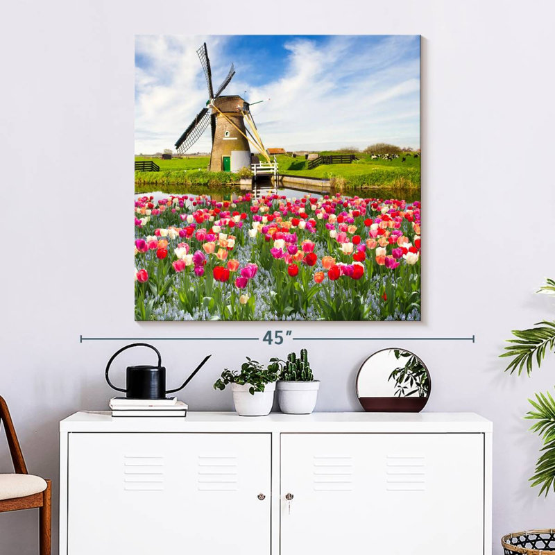 Moulin à vent et tulipes Alvord Holland, H 33 po x l 33 po