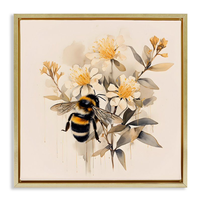 «Honeybee with Daisies», art mural encadré flottant par Petal Prints Design, Cadre flottant métallique doré
