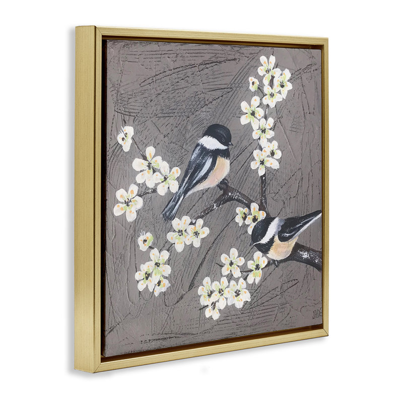 "Birds & Apple Blossoms", art mural sur toile par Jade Reynolds, H 18 po x l 18 po, Cadre flottant métallique doré