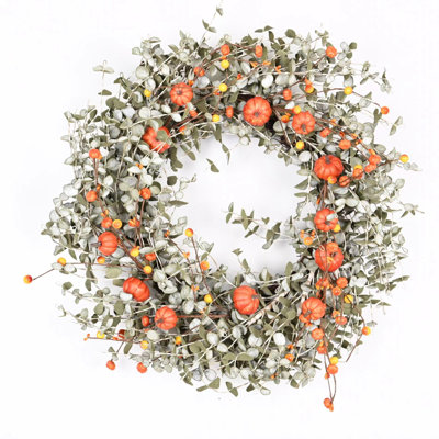 24" Artificial Eucalyptus Pumpkin Berry Thanksgiving Fall Front Door Wreath
