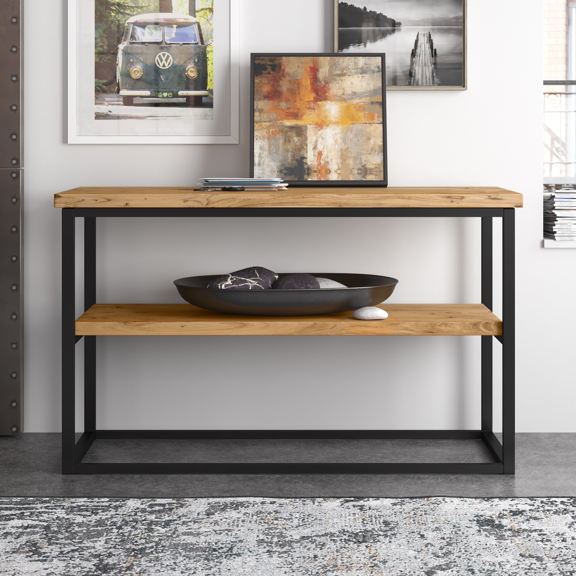 Solid Wood Foundry Narrow Console Table With Black Steel Frame