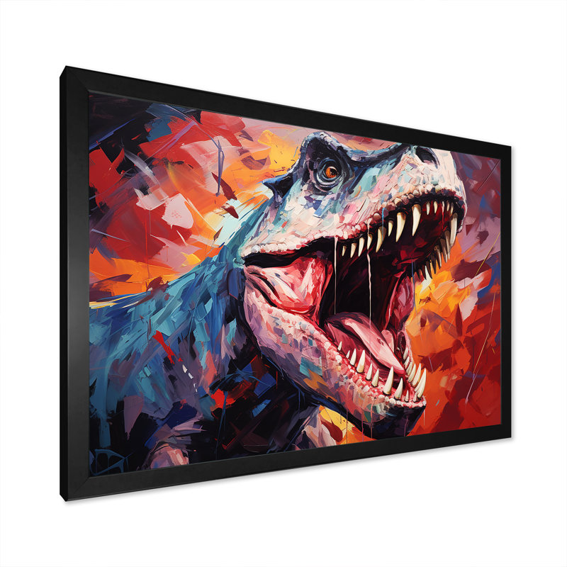 Popart TRex dinosaur II - dinosaure, art mural, L 12 po x H 20 po x P 1 po, Cadre d'angle fermé noir