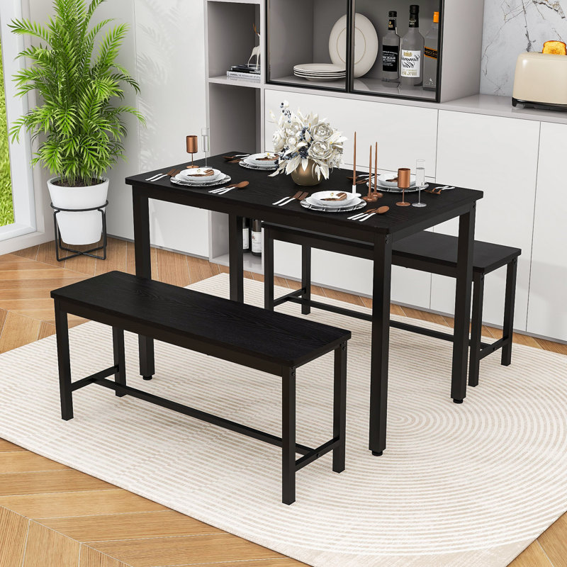 Ensemble de table de salle à manger 3 pièces, table rectangulaire industrielle avec 2 bancs et structure en métal durable