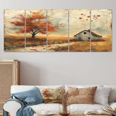 Red White Country Cottage Barn In Autumn - Barn Wall Art Living Room Set