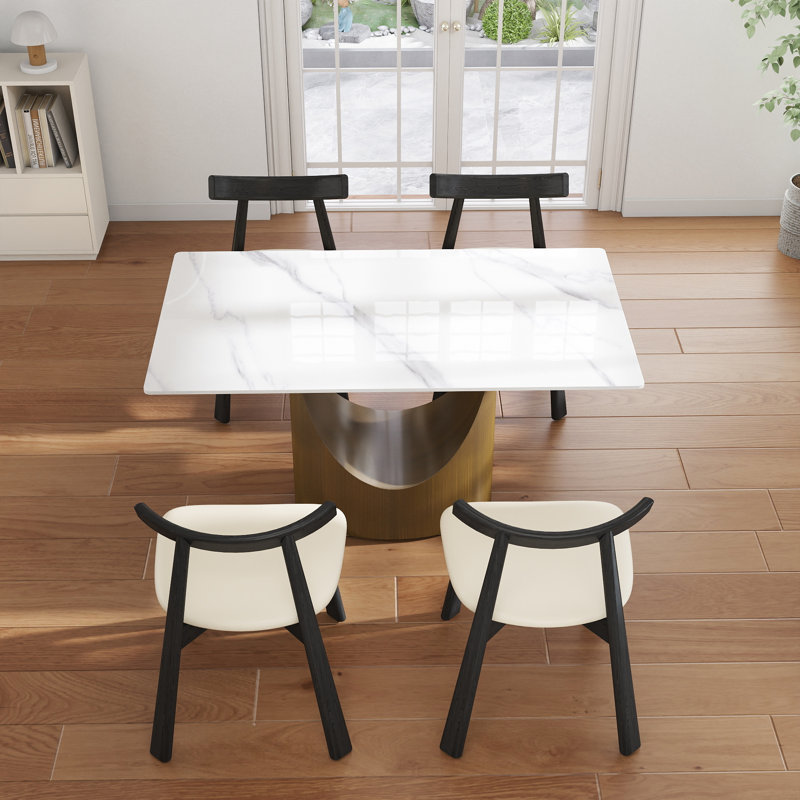 5-Piece Modern Rectangular Sintered Stone Dining Table Set With 4 Faux Leather Chairs, Snow White, Beige/Black, Gold
