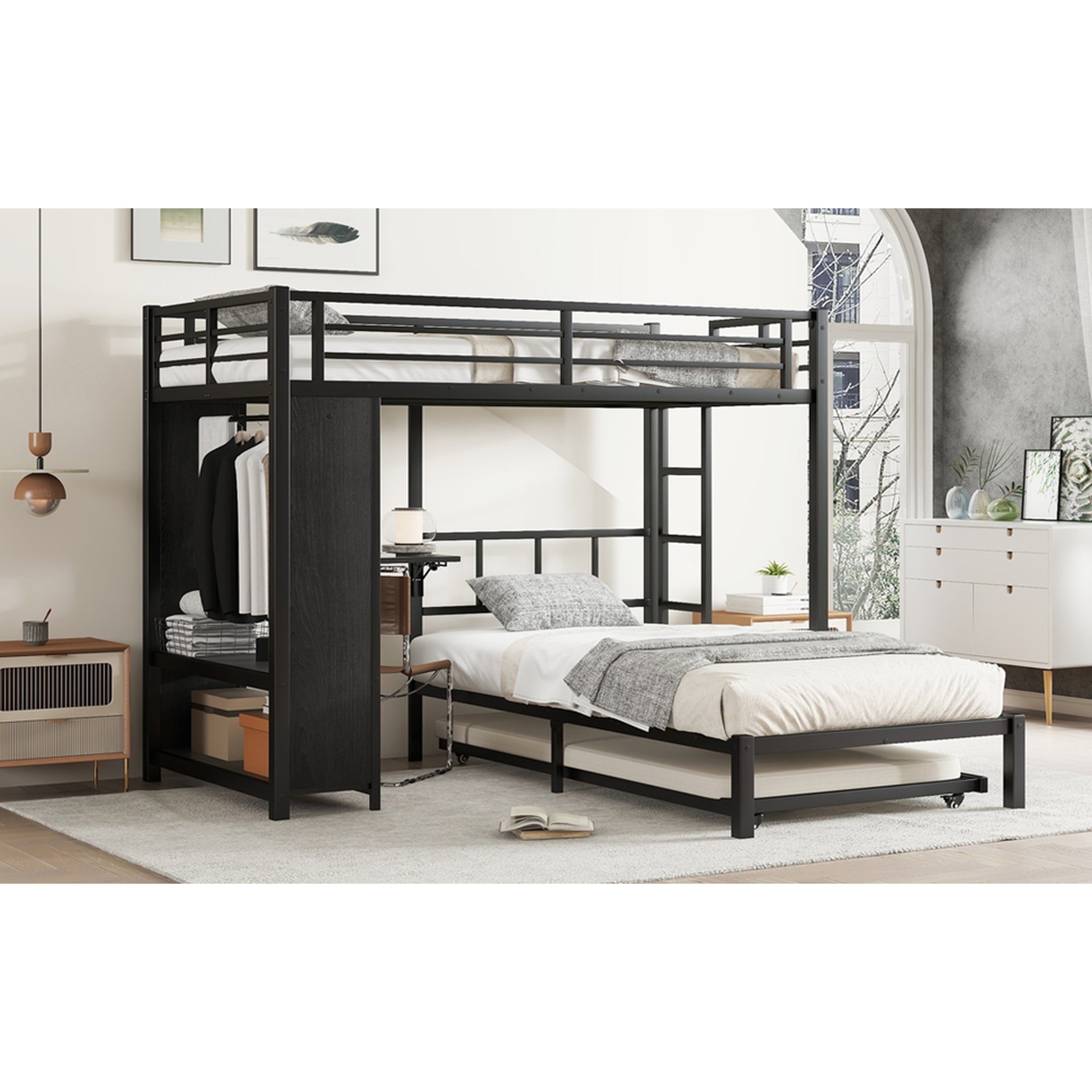 17 Stories Twin Over Black Bunk Bed Made Of Metal With Built-in Closet ...