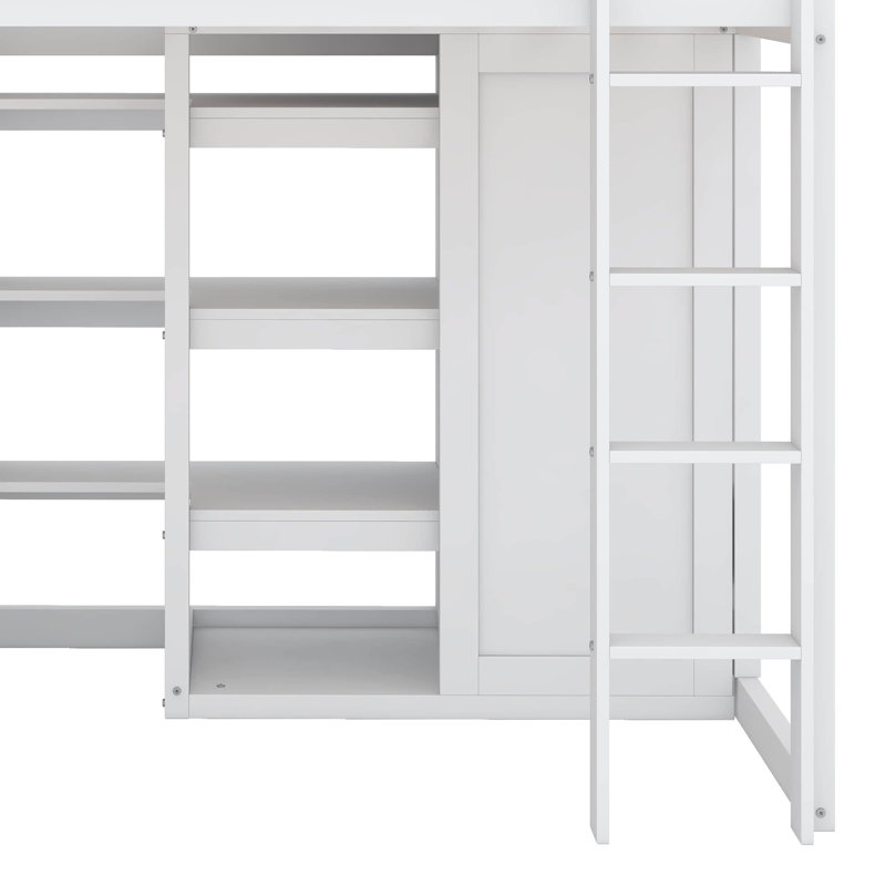 Lit mezzanine simple en bois Heribert avec plusieurs tablettes de rangement et garde-robe, Blanc