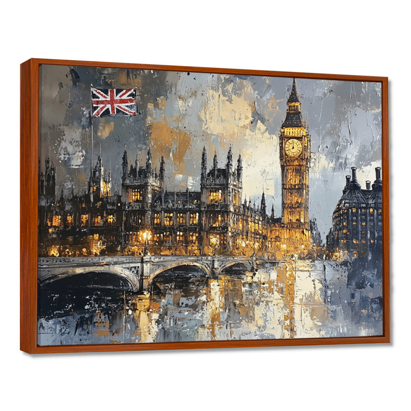 London Big Ben Landscape Glow I - London, art mural, H 24 po x l 32 po, Impression encadrée flottante, Brun