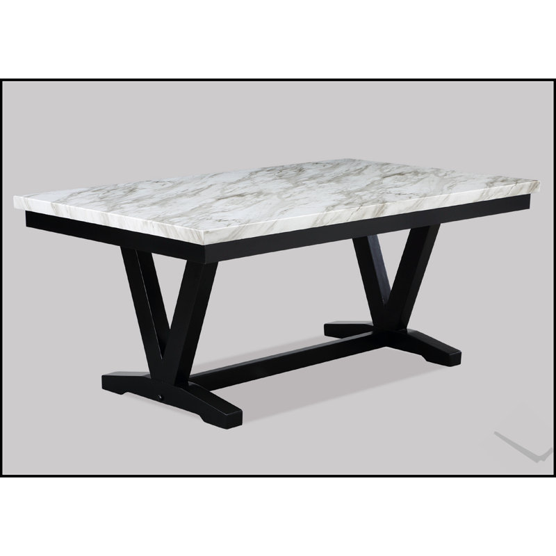 Table de salle à manger moderne moderne en faux marbre et noir avec base en bois à motif de tréteaux en forme de V, mobilier élégant et fonctionnel