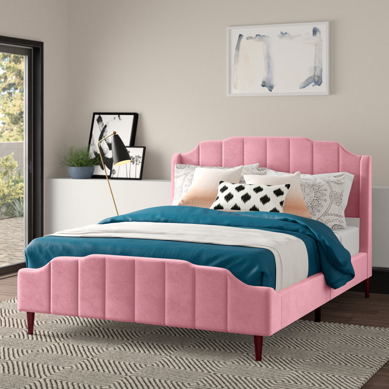 Lasater Queen Size Modern Curved Upholstered Platform Bed with Headboard and Footboard, Blue