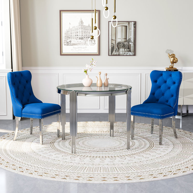 37"Modern Glass Dining Table Set, Irregular Stainless Steel Table Legs And Velvet Tufted Backrest Chairs, Clear, Blue/Silver