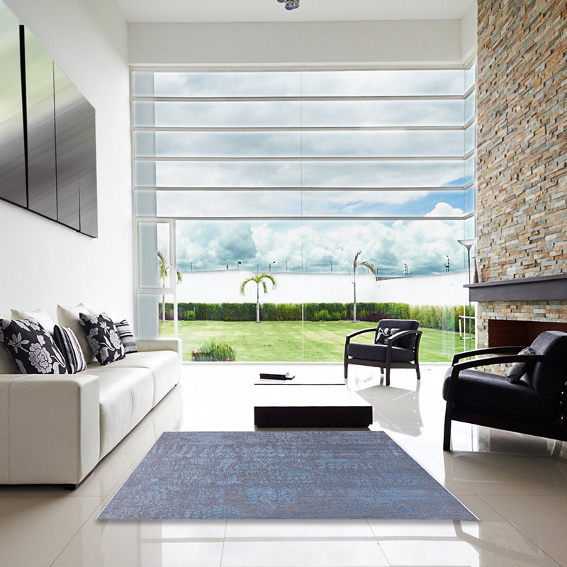 Tapis bleu / gris à motif abstrait Bowlus, Carré 4 pi