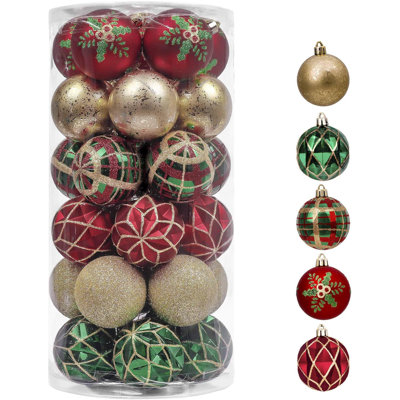  Christmas Ornaments Set, 30ct 2.36 Inches Red Green and Gold Shatterproof Christmas Tree Decorations Ball Ornaments Bulk, Traditional Country Hanging Decor for Xmas Holiday Party
