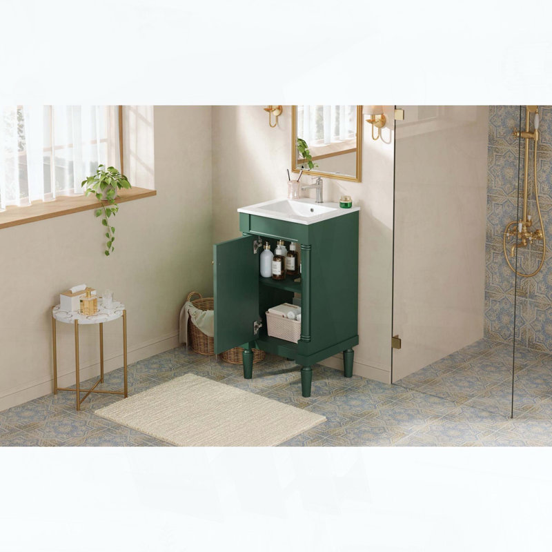 Meuble de salle de bain de style français avec lavabo en céramique, tablette réglable et charnières à fermeture douce, vert