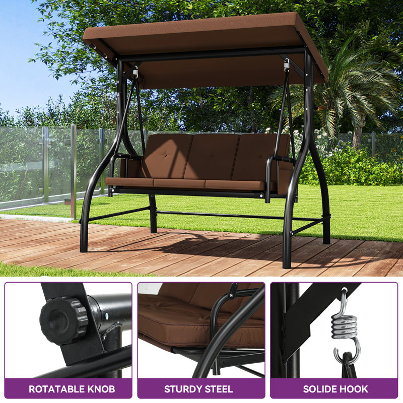 Brown 3-Seat Steel Patio Swing with Adjustable Canopy