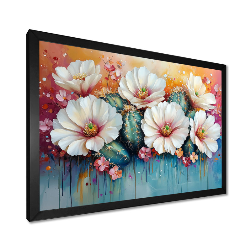 Cactus rose et blanc - Cactus, art mural, H 12 po x l 20 po, Cadre simple, Noir