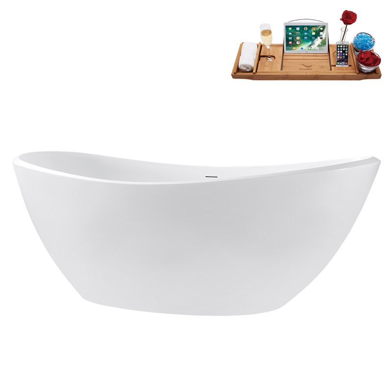75" Streamline Soaking Glossy White Freestanding Tub and Tray With Internal Drain, Glossy White