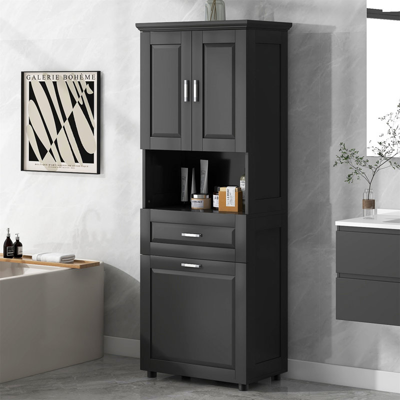 Tall Bathroom Cabinet With Laundry Basket, Large Storage Space Tilt-Out Laundry Hamper And Upper Storage Cabinet, Black