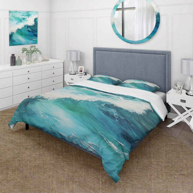 Ocean Teal Wave Expression I - Ensemble de housse de couette Coastal - Microfibre de polyester