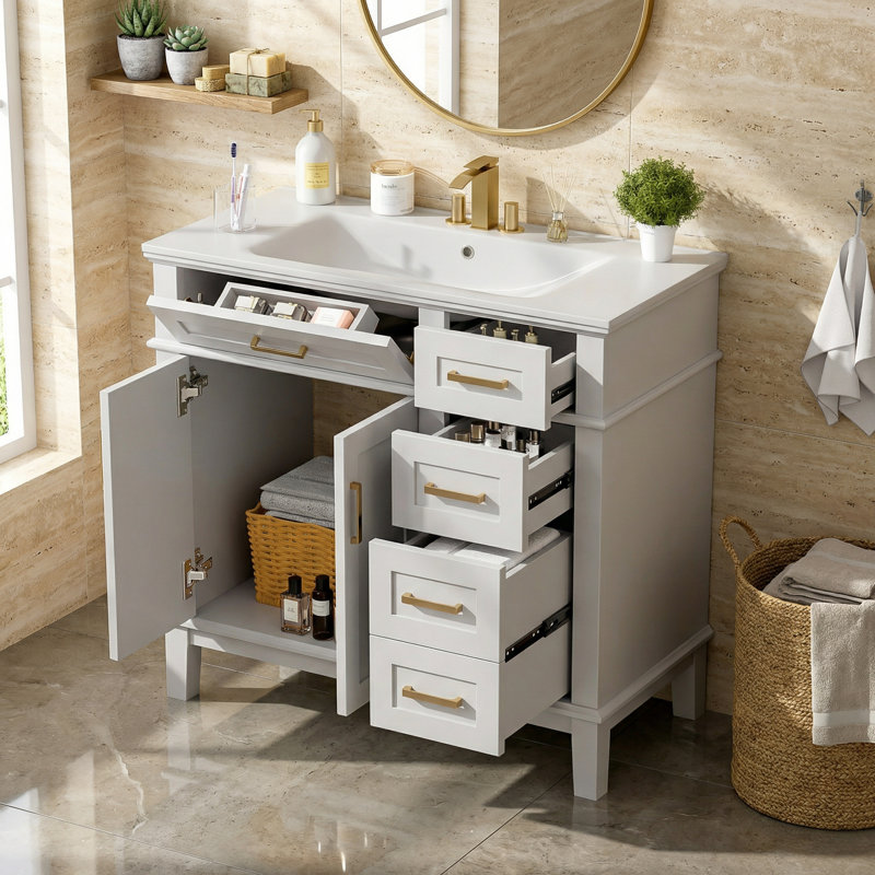 Meuble-lavabo autoportant moderne 36 po avec lavabo en céramique, portes à fermeture douce, 4 tiroirs de rangement, finition peinte, fabrication en bois massif et en panneau de fibres à densité moyenne - Certifié EPA / Carb