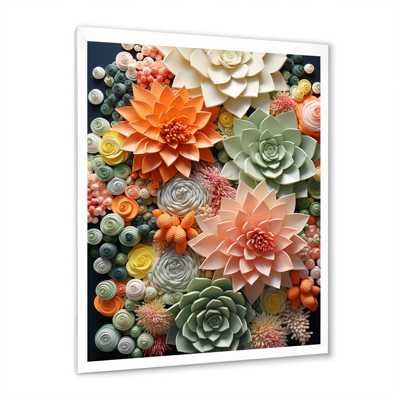 «Pyala Orange Pink Succulents Flowers III», reproduction sur toile, H 32 po x l 16 po x P 1 po, Cadre simple blanc