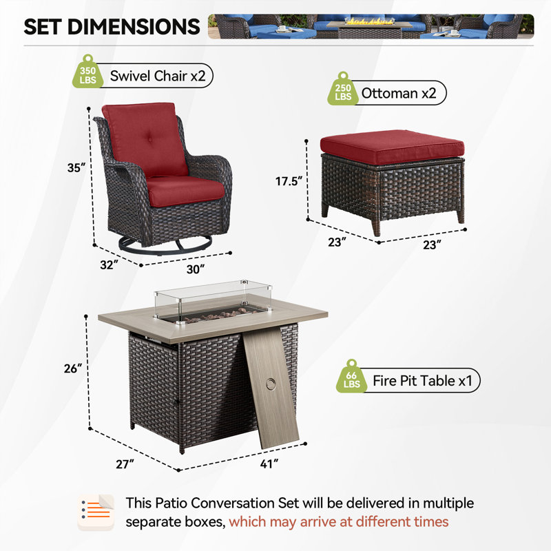 Wendye 5-Piece Outdoor Furniture Set, 2 Swivel Glider Chairs, 2 Ottomans & 55K BTU Fire Pit Table, Red, Brown