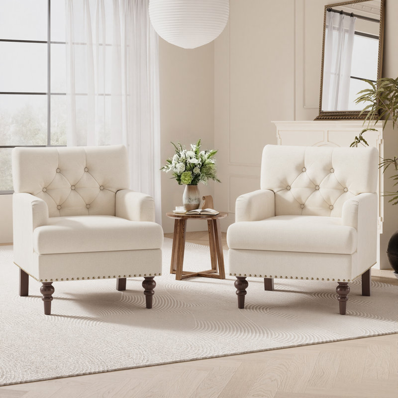 Fauteuil d'appoint ergonomique capitonné avec pieds cloutés et garniture cloutée en tissu respirant, Beige
