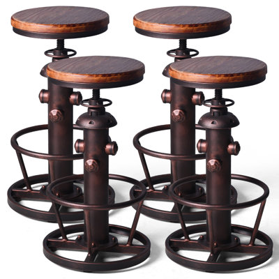 Set Of 4 Antique Industrial Round Bottom Adjustable Height Cafe Coffee Retro Vintage Stylish Water Pipe Design Pub Kitchen Bar Stool